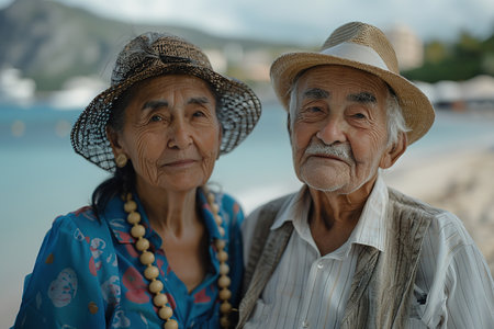 Elderly intelligent couple in love spending time romantically on the beach near the sea, walking holding hands and gently hugging.の素材