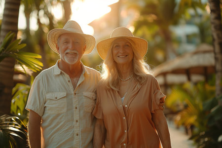 Elderly intelligent couple in love spending time romantically on the beach near the sea, walking holding hands and gently hugging.の素材