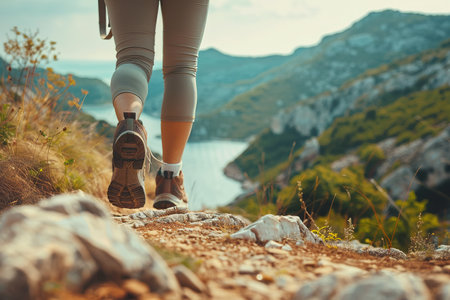 Hiking in the mountains. Female legs with sports shoes and backpack running on a trail mountain, close up.の素材