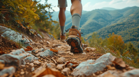 Hiking in the mountains. Male legs with sports shoes and backpack running on a trail mountain, close up.の素材