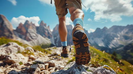 Hiking in the mountains. Male legs with sports shoes and backpack running on a trail mountain, close up.の素材