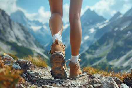 Hiking in the mountains. Female legs with sports shoes and backpack running on a trail mountain, close up.の素材