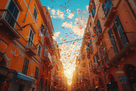 background of confetti in the air celebration in the city.の素材