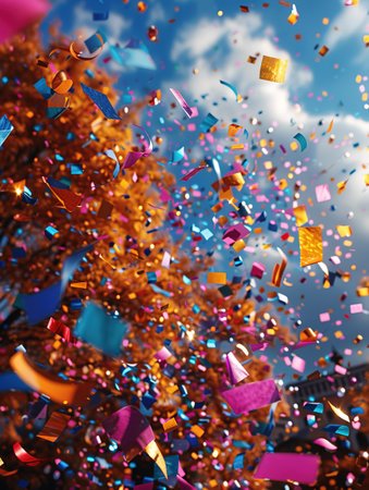 Colored confetti flying on blue background.の素材