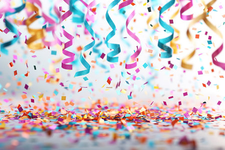 Colored confetti flying on blue background.の素材