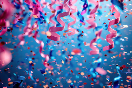 Colored confetti flying on blue background.の素材