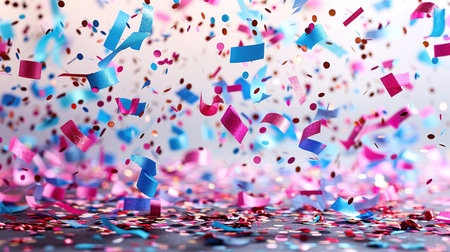 Colored confetti flying on blue background.の素材