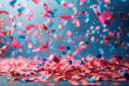 Colored confetti flying on blue background.の素材
