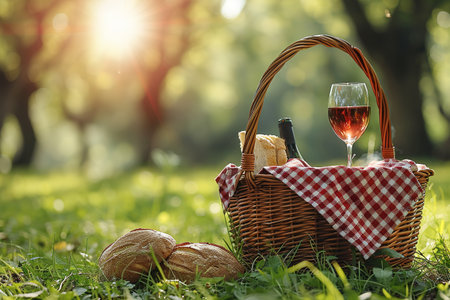 Picnic basket on grass with food and drink on blanket. Picnic lunch outdoor in a field on sunny day with bread, fruit and bottle of red wine. Pic nic on green grass with landscape in the background.の素材
