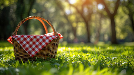 One picnic wicker basket with checkered napkin and blanket on green grass. Space for text.の素材