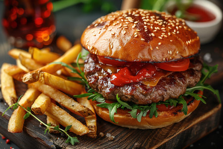 Delicious hamburger with cola and potato fries on a wooden table with a dark brown background behind. Fast food concept.の素材