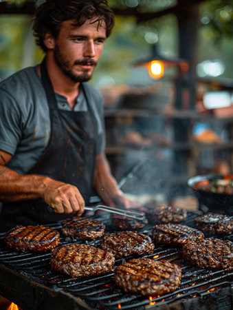 Man grilling burger meat on barbecue grill close up, smoke coming out of the grill, male person flipping burgers on a grillの素材
