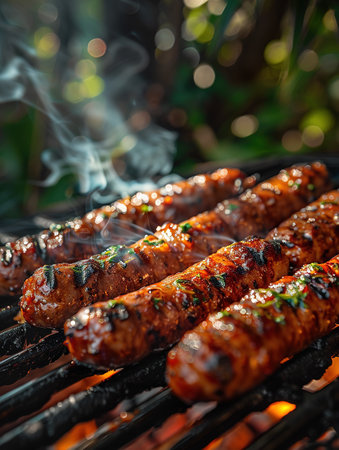 Hot sausage with spices on grill with fire in summer in garden.の素材