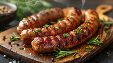 Fried sausages with sauces and herbs on a wooden serving Board. Great beer snack on a dark background. Top viewの素材