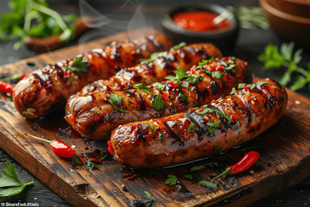 Fried sausages with sauces and herbs on a wooden serving Board. Great beer snack on a dark background. Top viewの素材