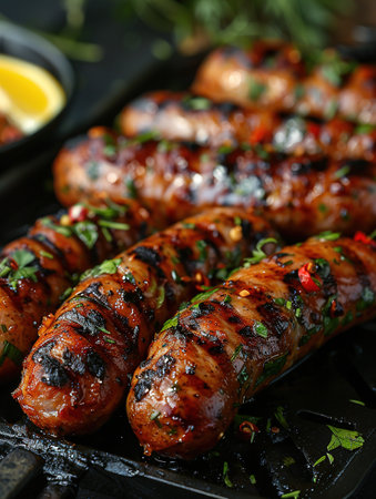 Hot sausage with spices on grill with fire in summer in garden.の素材