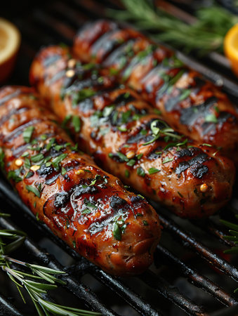 Hot sausage with spices on grill with fire in summer in garden.の素材