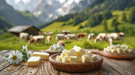 Fresh butter on table on background of meadow with cows.の素材