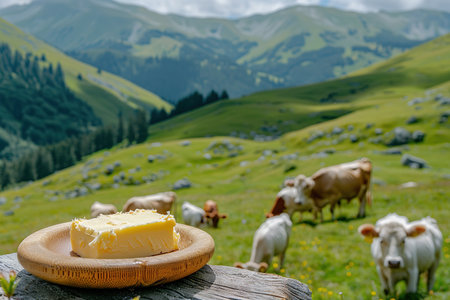 Fresh butter on table on background of meadow with cows.の素材