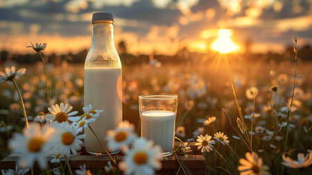 Milk on table on background of meadow with cows.の素材