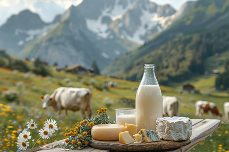 Milk, sour cream, cheese and cottage cheese on table on background of meadow with cows in the mountainsの素材