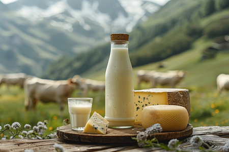 Milk, sour cream, cheese and cottage cheese on table on background of meadow with cows in the mountainsの素材