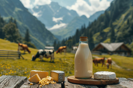 Milk, sour cream, cheese and cottage cheese on table on background of meadow with cows in the mountainsの素材