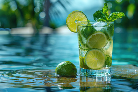 Fresh lemonade or mojito cocktail in glass with straw on a swimming poll border on sunny day.の素材