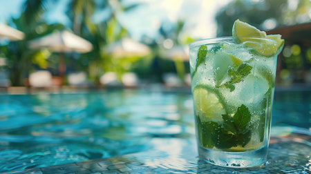 Fresh lemonade or mojito cocktail in glass with straw on a swimming poll border on sunny day.の素材