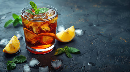 Cuba Libre or long island iced tea cocktail with strong drinks, cola, lime and ice in glass, cold longdrink or lemonadeの素材