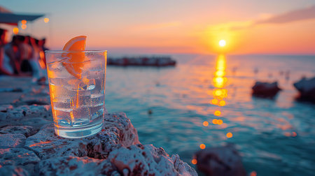 Various delicious cocktails on the bar counter against the background of the sea in the evening.の素材