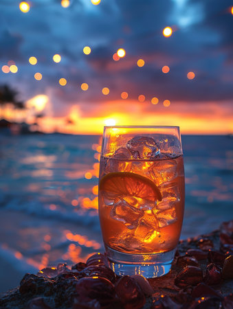 Various delicious cocktails on the bar counter against the background of the sea in the evening.の素材