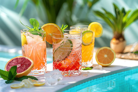 Assorted fresh cocktails at the poolside outdoors, nobody.の素材