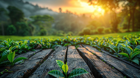 Empty rustic table in front of tea plantation landscape at sunrise. product display and concept.の素材