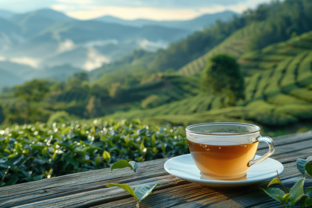 Cup of hot tea and leaf on the wooden table with the tea plantations background.の素材