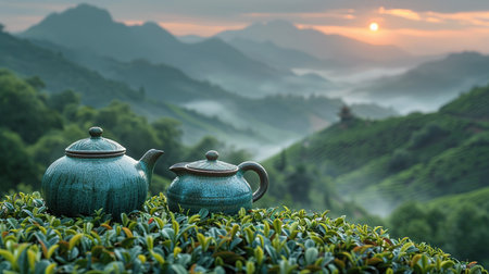 Warm cup of tea with teapot, green tea leaves on the wooden desk at morning in plantations with long banner background empty space for text,Organic product from the nature for healthy with traditionalの素材