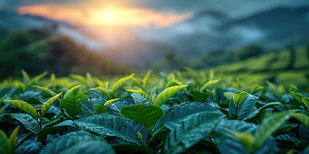 Green tea leaves in a tea plantation in morning, Tea plantations at dawn.の素材