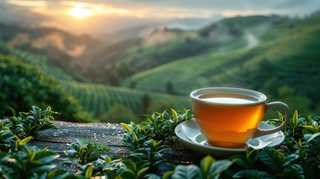 Cup of hot tea and leaf on the wooden table with the tea plantations background.の素材