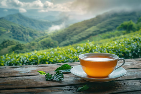 Cup of hot tea and leaf on the wooden table with the tea plantations background.の素材