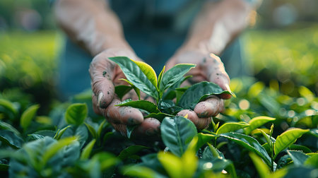 green tea leaf in hand on background of mountains. Harvesting tea by farmer hand, harvesting every morning on green organic farm, Close up frontの素材