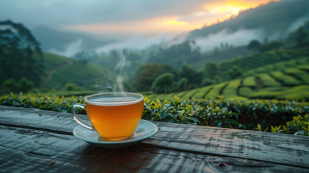 Cup of hot tea and leaf on the wooden table with the tea plantations background.の素材
