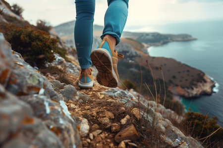 Hiking in the mountains. Female legs with sports shoes and backpack running on a trail mountain, close up.の素材