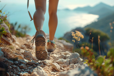 Hiking in the mountains. Female legs with sports shoes and backpack running on a trail mountain, close up.の素材