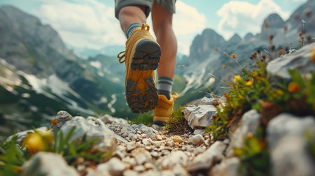 Hiking in the mountains. Male legs with sports shoes and backpack running on a trail mountain, close up.の素材