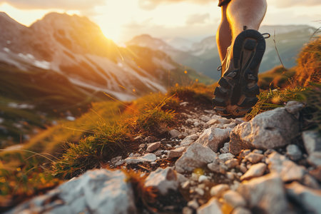 Hiking in the mountains. Male legs with sports shoes and backpack running on a trail mountain, close up.の素材