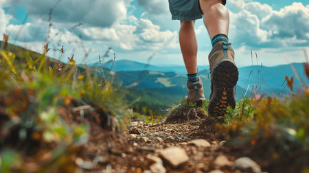 Hiking in the mountains. Male legs with sports shoes and backpack running on a trail mountain, close up.の素材