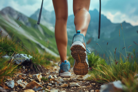 Hiking in the mountains. Female legs with sports shoes and backpack running on a trail mountain, close up.の素材