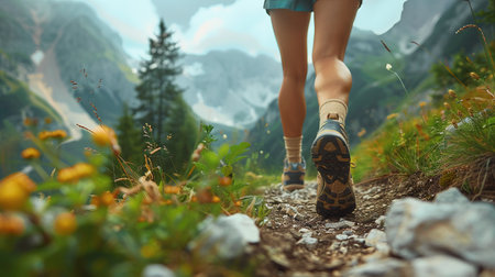 Hiking in the mountains. Female legs with sports shoes and backpack running on a trail mountain, close up.の素材