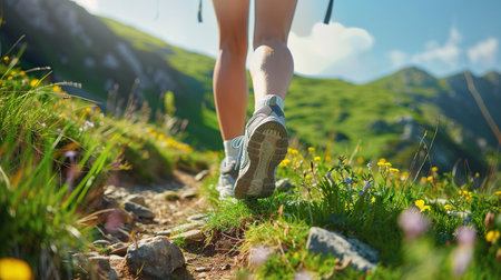 Hiking in the mountains. Female legs with sports shoes and backpack running on a trail mountain, close up.の素材