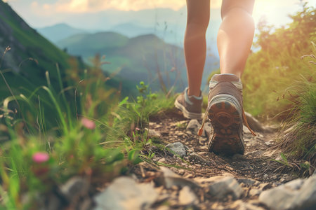Hiking in the mountains. Female legs with sports shoes and backpack running on a trail mountain, close up.の素材